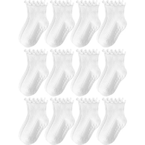 Aroveea Toddler Girls Socks 12 Pack Grip Non Slip Ruffle Frilly Cotton Socks for Toddlers Baby Girls Kids Cute 6M-7Years
