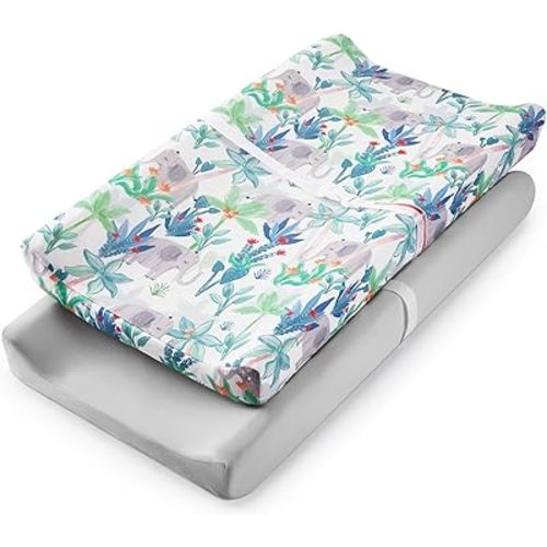 TILLYOU Baby Changing Pad Cover, Changing Table Cover for Girls Boys, Ultra Soft Breathable, 2 Pack Rainforest Elephant & Grey