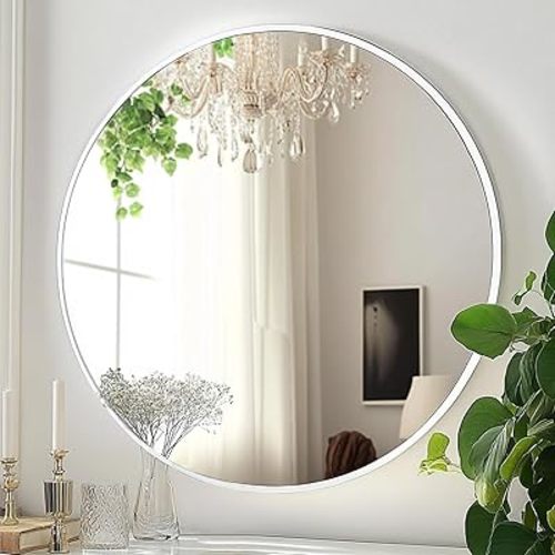 White Round Mirror 30 inch, Circle Mirror, Matte White Metal Frame