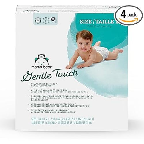 Amazon Brand - Mama Bear Gentle Touch Baby Diapers, Size 2, 184 Count (4 packs of 46), Leak Protection, Wetness Indicator, Formulated Without Fragrance