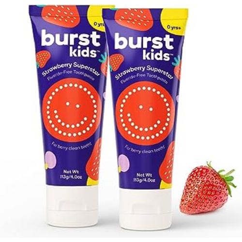 BURST Fluoride Free Strawberry Kids Toothpaste (4oz/2 Pack) | Great Tasting, Dye Free for Baby & Toddler Age 0+ | with Nano Hydroxyapatite