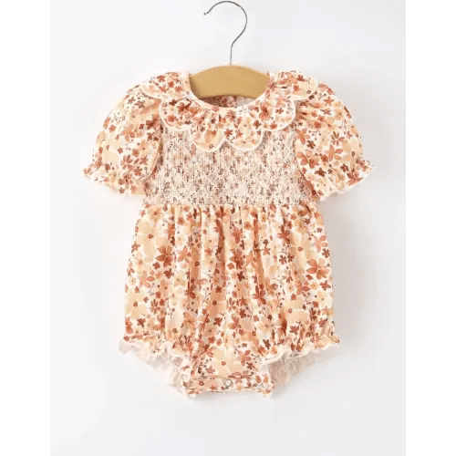 FALL FLORAL BABY ROMPER SMOCKED PETAL COLLAR — Teddy & Co
