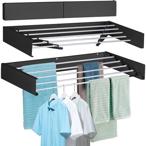 Laundry Drying Rack Wall Mounted Clothes Drying Rack Collapsible with 5 Aluminum Rods and Drilling Template Long Screwdriver Bit 60 lbs Capacity (Black, 40")