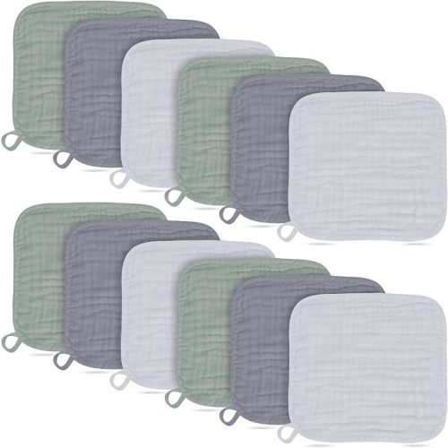 BAMBOO QUEEN 12 Pack Muslin Burp Cloths - Large 20" x 10", Ultra Absorbent 100% Cotton for Baby Drool and Messes - Soft, Gentle Baby Burp Rag for Boys & Girls -Grey, Green, Slate