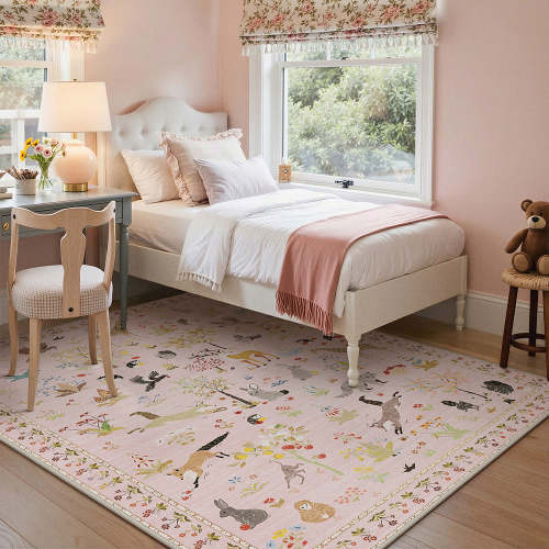 Aven Machine Washable Forest Animal Pink Rugs