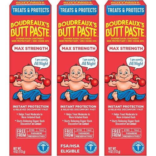 Boudreaux’s Butt Paste Max Strength Diaper Rash Cream for Baby, Ointment With Zinc Oxide, 4 oz Tubes, 3 Pack