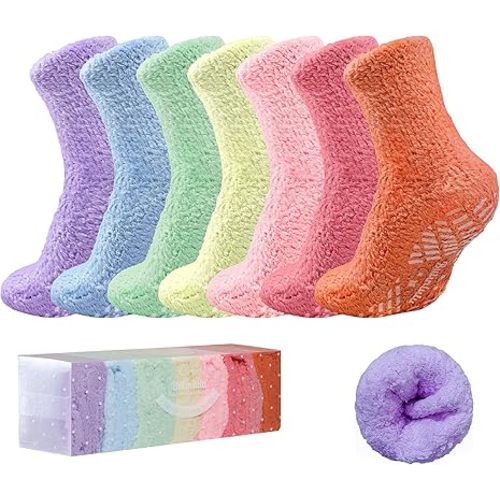 Bulinlulu Fuzzy Socks with Grips Plush Sleep Cozy Winter Soft Hospital Fluffy Socks for Womens Mens Gifts