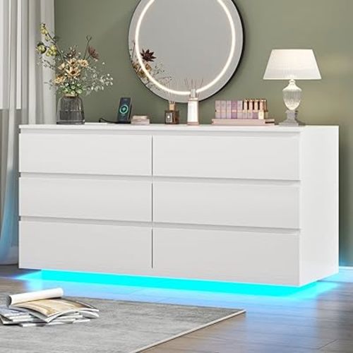 Gyfimoie 6 Drawer Dresser with Power Outlet, Floating White Dresser Chest of Drawer with LED Light,Modern Double Wide Drawer Organizer Cabinet for Bedroom,Living Room