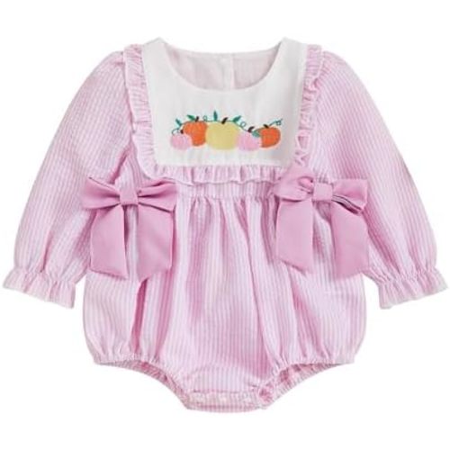 Baby Girl Halloween Outfit Pumpkin/Witch Hat Embroidery Plaid Long Puff Sleeve Smocked Bubble Romper Fall Clothes