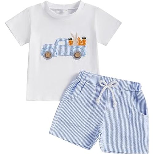Kuriozud Baby Girl Boy Summer Clothes Short Sleeve Tops Embroidery Tee Pattern Tshirt+Vintage Plaid Short Pants Set