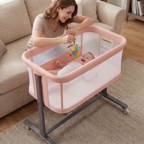 TODECARE Baby Bassinet Bedside Sleeper, 2 in 1 Bedside Sleeper with Wheels, All-Sided Mesh Infant Travel Crib for Toddlers, Pink