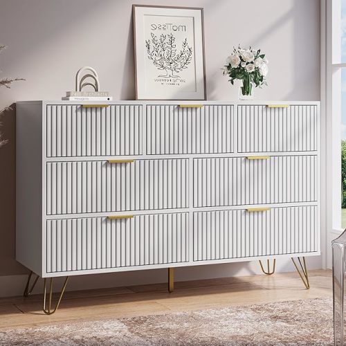 White Dresser for Bedroom, 7 Drawer Dresser with Gold Pulls, Wide Chest of Drawers for Bedroom, Entryway, 47.2" L x 15.7" D x 31.4" H