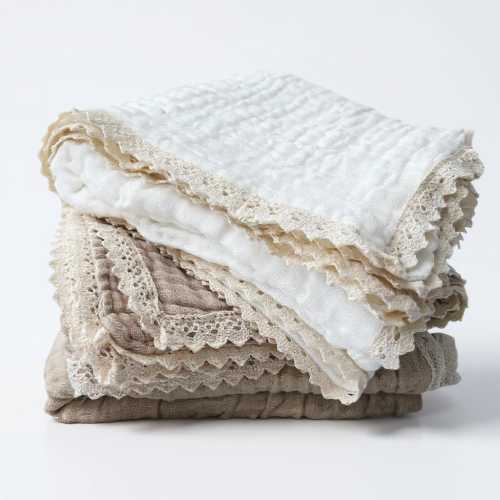 Muslin Baby Blanket with Lace Trim, Soft 6-Layer Cotton Swaddle, Newborn Receiving Blanket, Baby Shower Gift