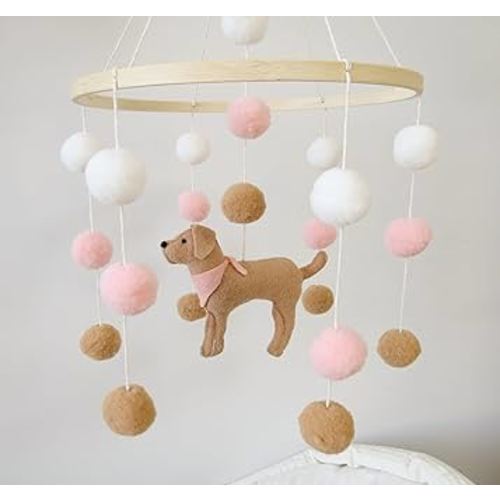 Baby Crib Mobile for Girls Boys Dog Theme Baby Mobile for Crib Mobile for Bassinet with Felt Ball, Pink