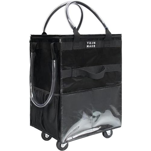 Reusable Grocery Bag with Wheels (Large, Black), Shopping Trolley with 8 Pockets and Zipper Cover Foldable Rolling Tote for Women, Kitchen, Travel, Carries Up to 66LBS