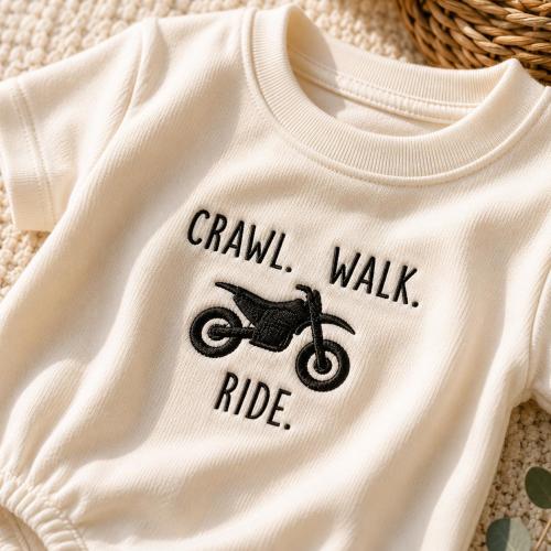 Crawl Walk Ride Embroidered Romper, Dirt Bike Baby Outfit, Motocross Baby Bodysuit, Baby Gift For Biker Dad