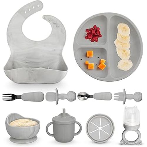 BPA-Free Silicone Baby Feeding Set: Includes Suction Plate, Bowl, Sippy Cup w Lid, Fruit Feeder & Teether, Sensory Bump Utensils, Steel Fork and Spoon, Marble White