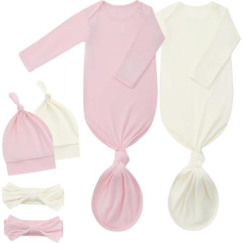 Newborn Knotted Gown 2Pack, Soft Breathable Baby Sleep Gown for Boys Girls, Infant Baby Coming Home Hospital Outfit