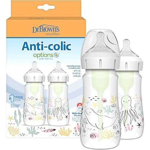 Dr. Brown’s Natural Flow Anti-Colic Options+ Wide-Neck Baby Bottle Designer Edition Bottles, Ocean Decos, 9 oz/270 mL, Level 1 Nipple, 2-Pack, 0m+