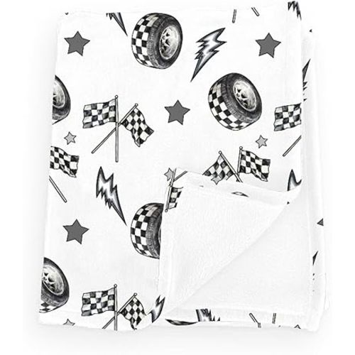Cute Race Car Flag Black and White Plaid Baby Boy Girl Blankets Tire Stars Checkered Vehicles Flannel Fluffy Blanket for Baby Newborn Infant Toddler Nursery Crib Bedding Car 30x40inch