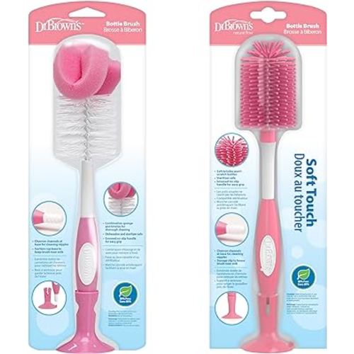 Dr. Brown's Baby Bottle and Nipple Brush Soft Touch and Sponge Brush, Pink Variety Pack, 2 Count