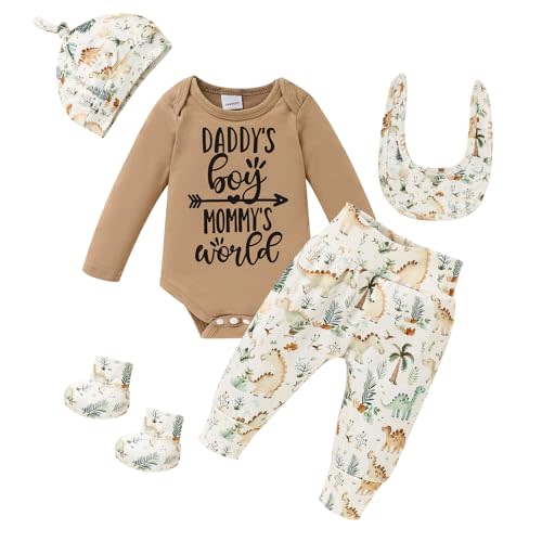 GRNSHTS Newborn Baby Boy Clothes Letter Print Romper+Animal Pants+Mouth watering towel+Socks With Hat Coming Home Outfits