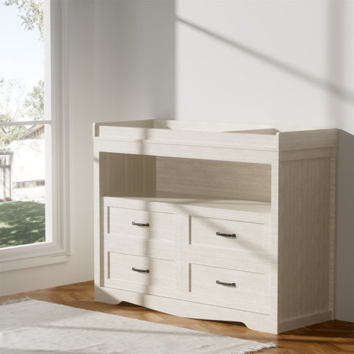 Lark Manor™ 47.2" Beige Baby Nursery Dresser With 5 Drawers And 3 Shelves Baby Changing Table Diaper Changing Station Storage Changing Station Dresser For Infant Mobile Nursery Organizer For Newborn | Wayfair