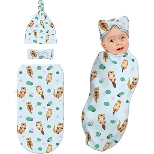 Cute Otters Baby Swaddle Blanket with Headband and Beanie Set, Soft Newborn Blanket Outfit Infant Shower Gift for Boys Girls