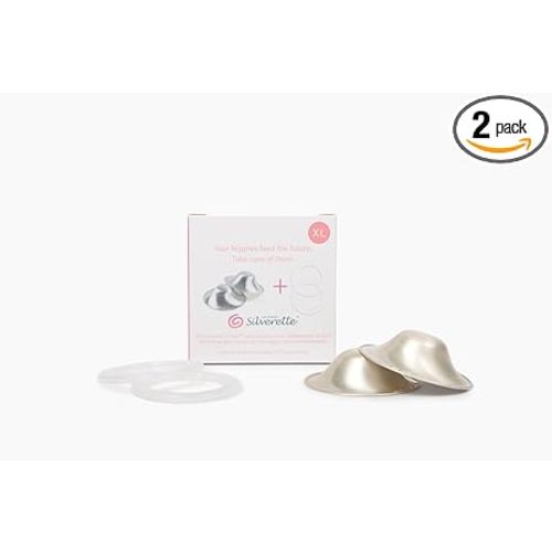 SILVERETTE The Original Silver Nursing Cups, Nipple Covers for Breastfeeding Essentials, Pure 925 Silver Nipple Shields for Breastfeeding Newborn, XL Size with O-Feel Silicone Rings