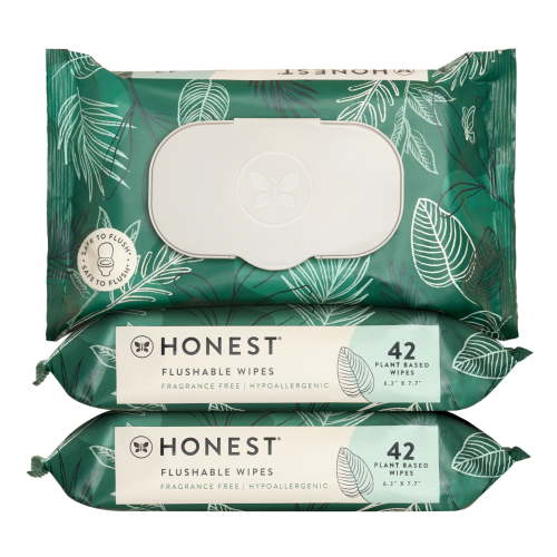 Honest Plant-Based Flushable Wipes, 3 Packs of 42