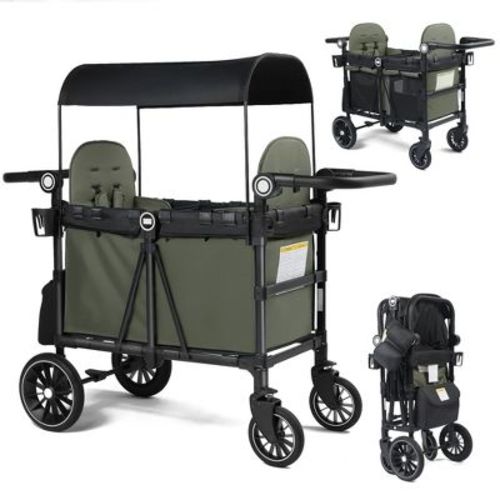 Kinder King All-Terrain Stroller Wagon for 2 Kids with Canopy, Shock-Absorbing Wheels, Storage Bag, Snack Tray & Adjustable Leather Handle