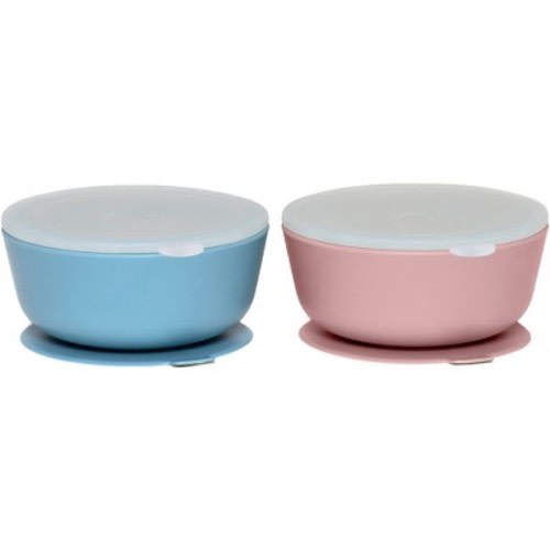 Weesprout Suction Bowls for Baby & Toddlers, 100% Silicone with Plastic Lid, 12 oz - Muted Blue + Muted Pink, Set of 2
