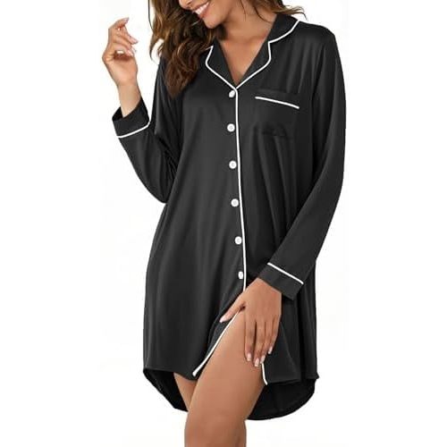 Nightgowns for Women Button Down Sleep Shirts Short Sleeve Nightshirt Boyfriend Nightdress V Neck Pajama Dress S-XXL
