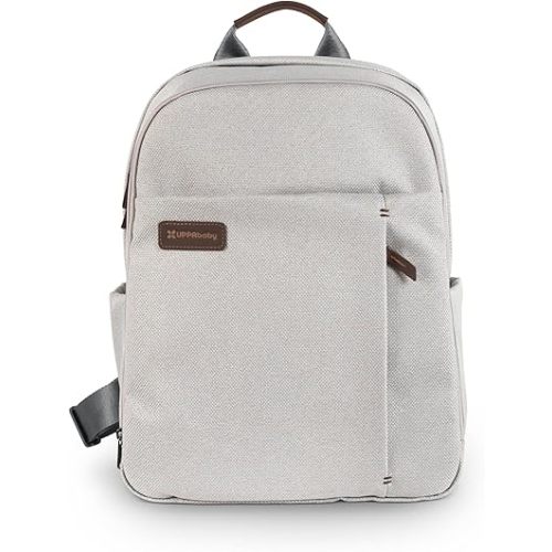 UPPAbaby Changing Backpack - Multiple Storage Compartments - Side Bottle + Laptop Pockets - Trolley Sleeve - Stroller Strap Attachment - Savannah - Pearl Gray Jacquard | Chestnut Leather