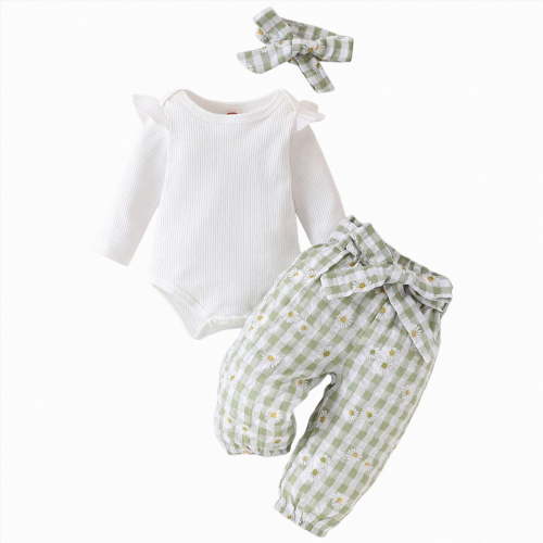 CAICJ98 Newborn Baby Girl Fall Clothes Solid Color Romper Bow Floral Plaid Print Pants Headband Sets Infant Winter Spring Outfits (Light Green,3-6 Months)