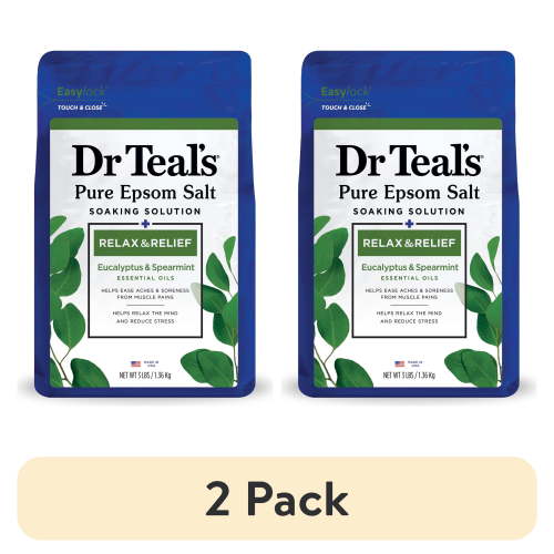 (2 pack) Dr Teal's Epsom Salt Magnesium Soak, Relax & Relief with Eucalyptus & Spearmint, 3 lbs