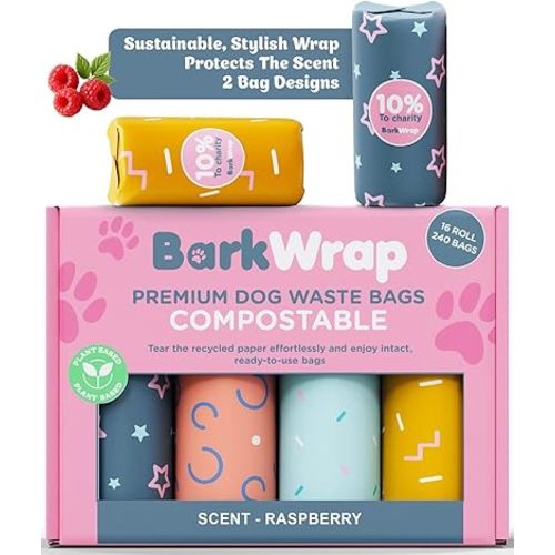 240 Biodegradable Dog Poop Bags Rolls Raspberry Scented Extra Thick Compostable Waste Doggie Pet Bulk Leak-Proof Bag - 100% Certified Home with Beautiful Colorful Design and Easy Open Compliant
