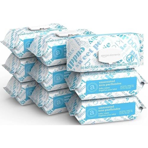 Amazon Elements Baby Wipes, Unscented, Hypoallergenic, Alcohol-Free, With Aloe and Vitamin E, 810 Count, Flip-Top Packs