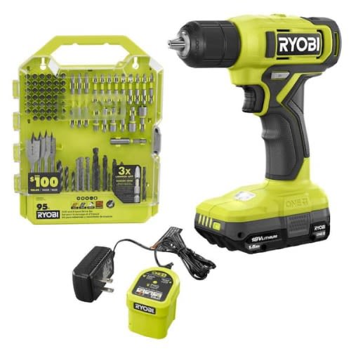 ONE+ 18V Cordless 3/8 in. Drill/Driver Kit with 1.5 Ah Battery, Charger, and Drill and Drive Kit (95-Piece)