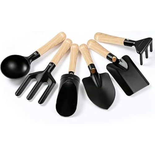 6PCS Black Kids Gardening Tools- Metal Head & Wood Handle- 8" Long Mini Rake & Shovel, Spoon & Fork- Funny Outdoor Play for Garden, Yard, Beach, Sand Box- Montessori Toys for Learning Plant, Digging