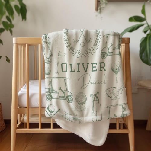 Golf Theme Baby Blanket with Name, Personalized Sports Nursery Bedding, Boy Nursery Decor, Baby Shower Gift