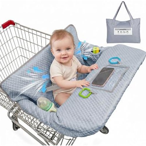 Shopping Cart Cover for Baby, Air Cool & Breathable Fabric All Seasons Grocery Cart Cover, Universal Fit for Most Shopping Carts & Restaurant High Chair with Multi Storage, Blue
