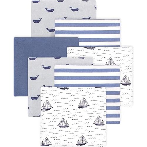 Little Treasure Hudson Baby Cotton Poly Flannel Receiving Blankets Multipack, Blue Sailboat, 30x30 inches