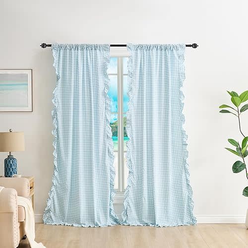 K MASANIJI Light Blue White Plaid Gingham Ruffle Curtains 2 Panels, 100% Washed Cotton Drapes for Bedroom Living Room Doorway Shabby and Chic Window Treatment Rod Pocket, W52”xH84
