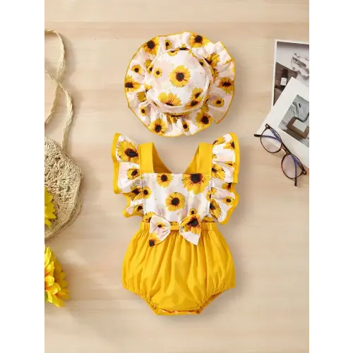 girls summer fashion sunflower print shoulder square neck - Temu