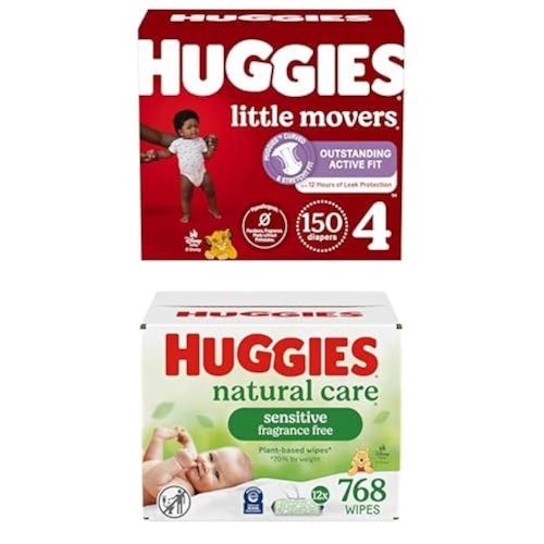 Bundle of Huggies Little Movers Baby Diapers, Size 4 (22-37 lbs), 150 Count + Huggies Natural Care Sensitive Baby Wipes, Unscented, Hypoallergenic, 99% Purified Water, 12 Flip-Top Packs (768 Wipes)