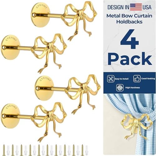 4 Pack Metal Bow Curtain Holdbacks, Gold Wall Mounted Bow Curtain Holdbacks, Wall Mounted Decorative Drapery Pull Back Hooks with Screws for Living Room, Bedroom, Home Office Decor