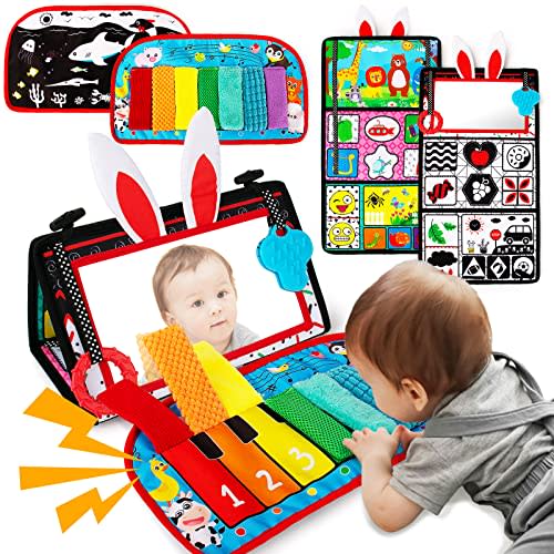Inbeby Tummy Time/Baby Mirror Toys, Black and White High Contrast Tabletop Mount Baby Newborn Toys 0 3 6 Months Brain Development, Sensory Texture Piano Infant Toys 0 3 6 Months with Squeaker