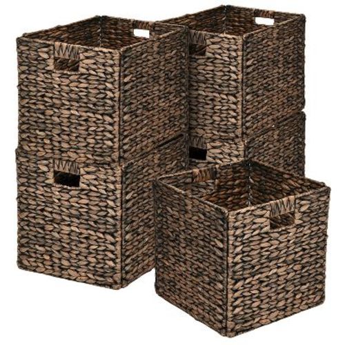 happimess Bryce 12.6" Classic Farmhouse Handwoven Hyacinth Collapsible Storage Cube Baskets with Handles, Brown (Set of 5)