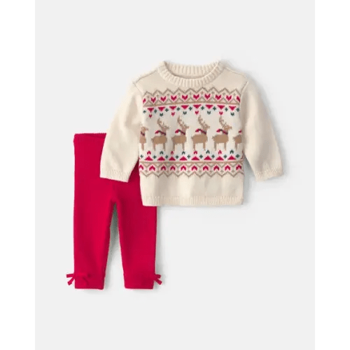 Baby Girl 2-Piece Reindeer Fair Isle Long-Sleeve Top & Pant Set - Red/Cream | Carter's